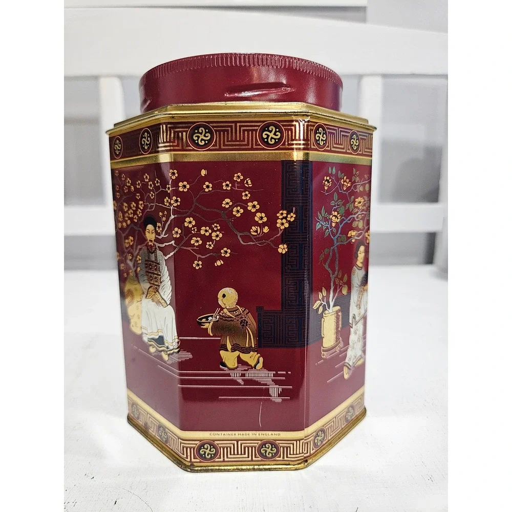 Vtg 1960s Chinoiserie Octagonal Tea Tin Set, Oriental Style Made in England